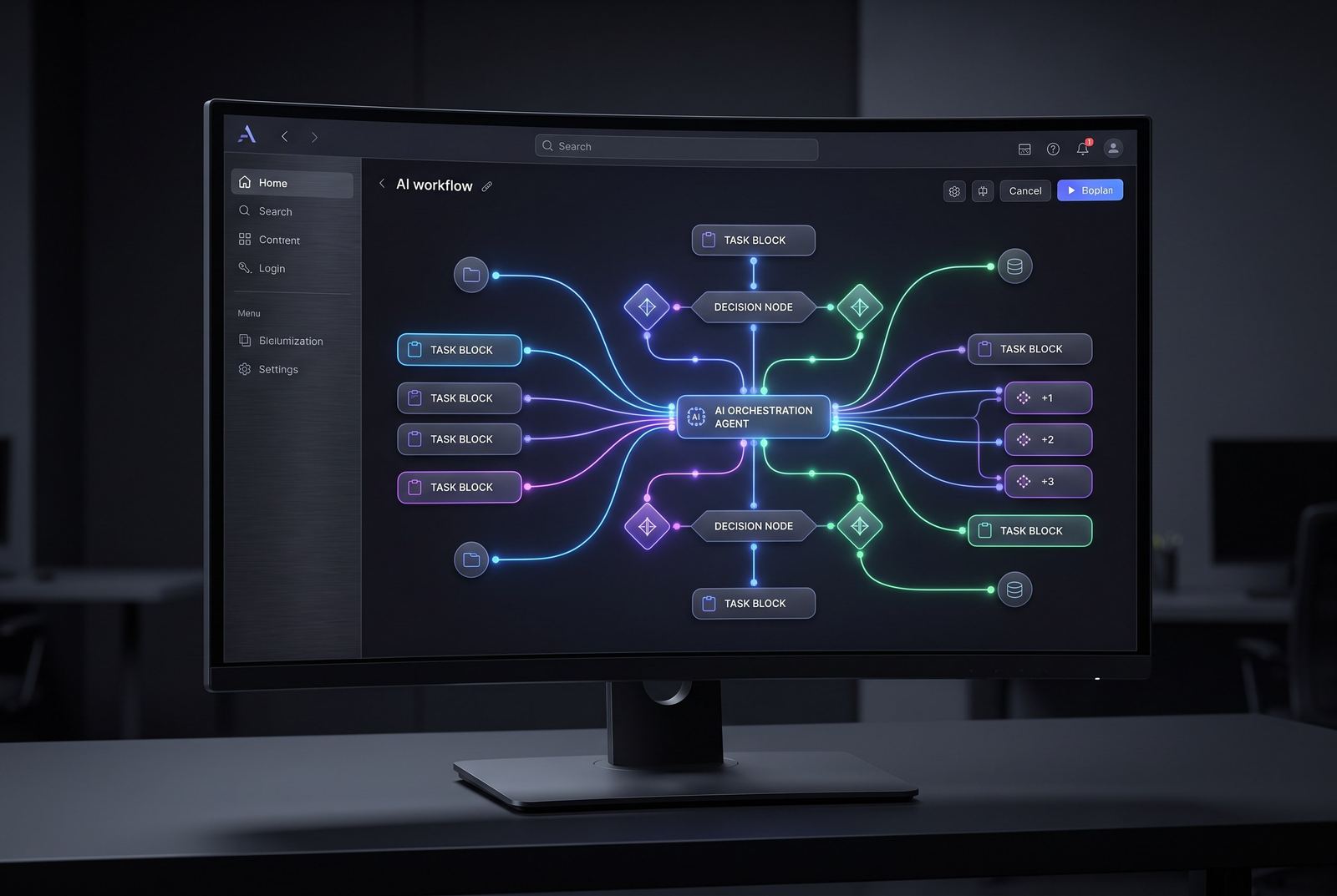 Interface d'orchestration de workflows d'agents IA montrant des nœuds de graphes de décision