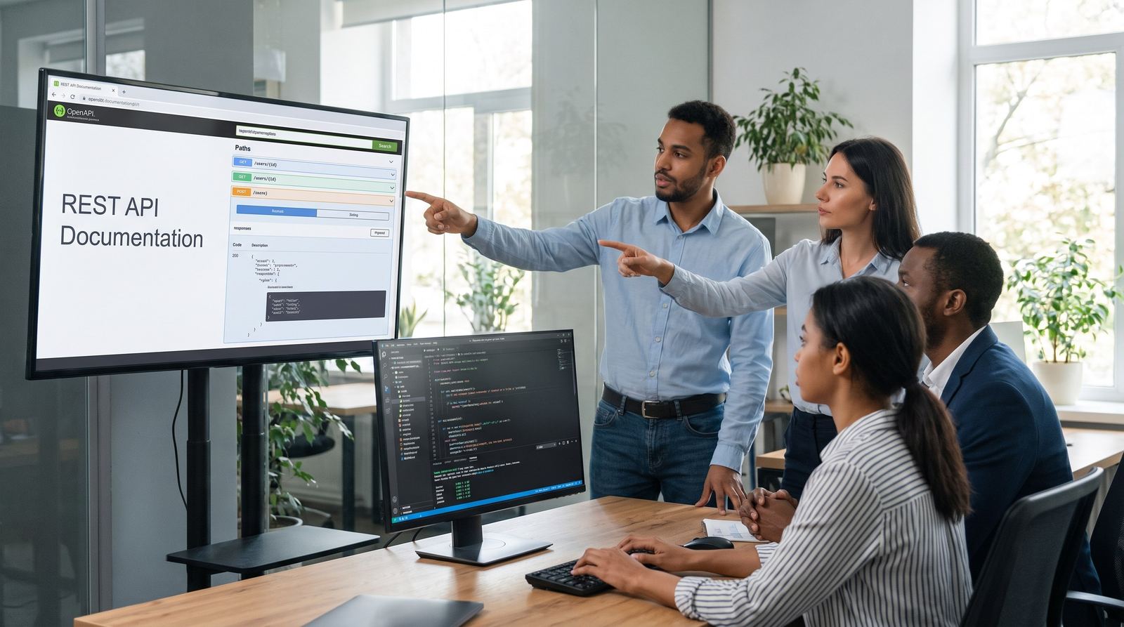 Équipe de développeurs de Neexya concevant et modélisant un schéma d'API avec Swagger