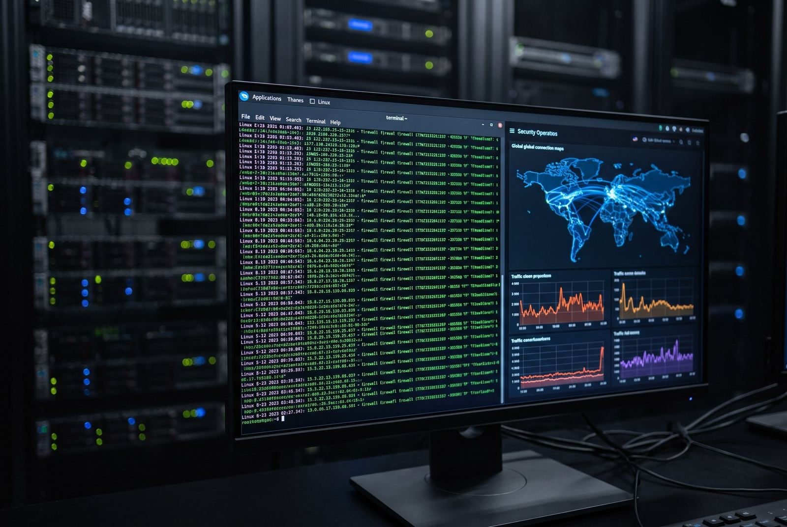 Visualisation d'un dashboard de sécurité surveillant les connexions et flux réseau sur serveur Debian